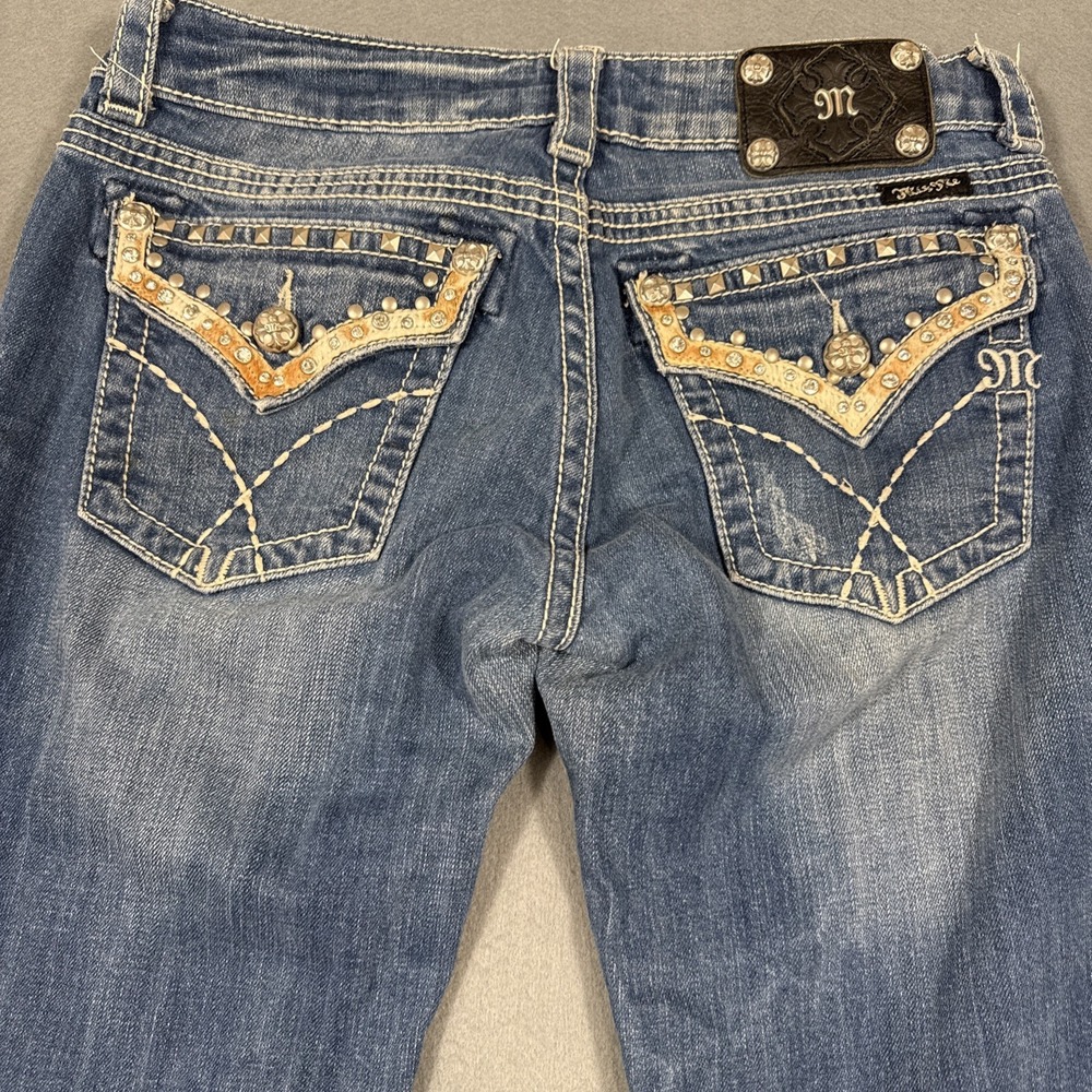 Miss Me Signature Boot jeans WOMENS 29 stretch RHINESTONE STUDDED WHISKERING